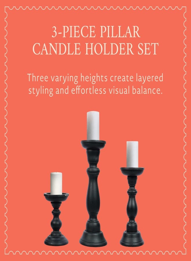 Mela Artisans 6”, 9” & 12” Mango Wood Pillar Candle Holder Set of 3 – Tuli Design Matte Black – Wooden Candle Holders for Table, Mantel & Living Room Décor - Image 3