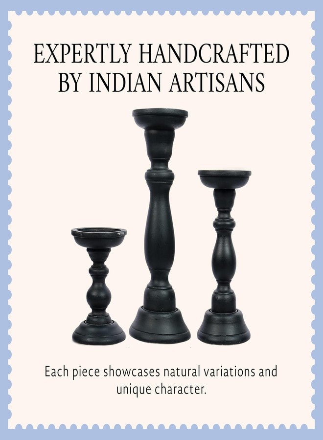 Mela Artisans 6”, 9” & 12” Mango Wood Pillar Candle Holder Set of 3 – Tuli Design Matte Black – Wooden Candle Holders for Table, Mantel & Living Room Décor - Image 5