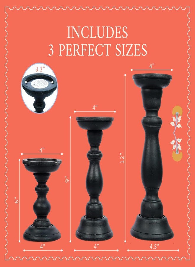 Mela Artisans 6”, 9” & 12” Mango Wood Pillar Candle Holder Set of 3 – Tuli Design Matte Black – Wooden Candle Holders for Table, Mantel & Living Room Décor - Image 2