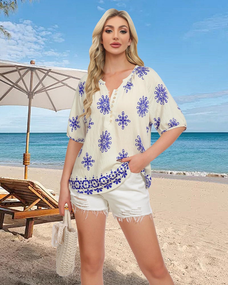 Unixseque Women Blouses Dressy Casual: Short Sleeve Dressy Shirts Summer V Neck Paisley Print - Casual Tops for Women - Ladies Tops and Blouses Beach Wear Flowy Boho Peasant Blouse - Image 3