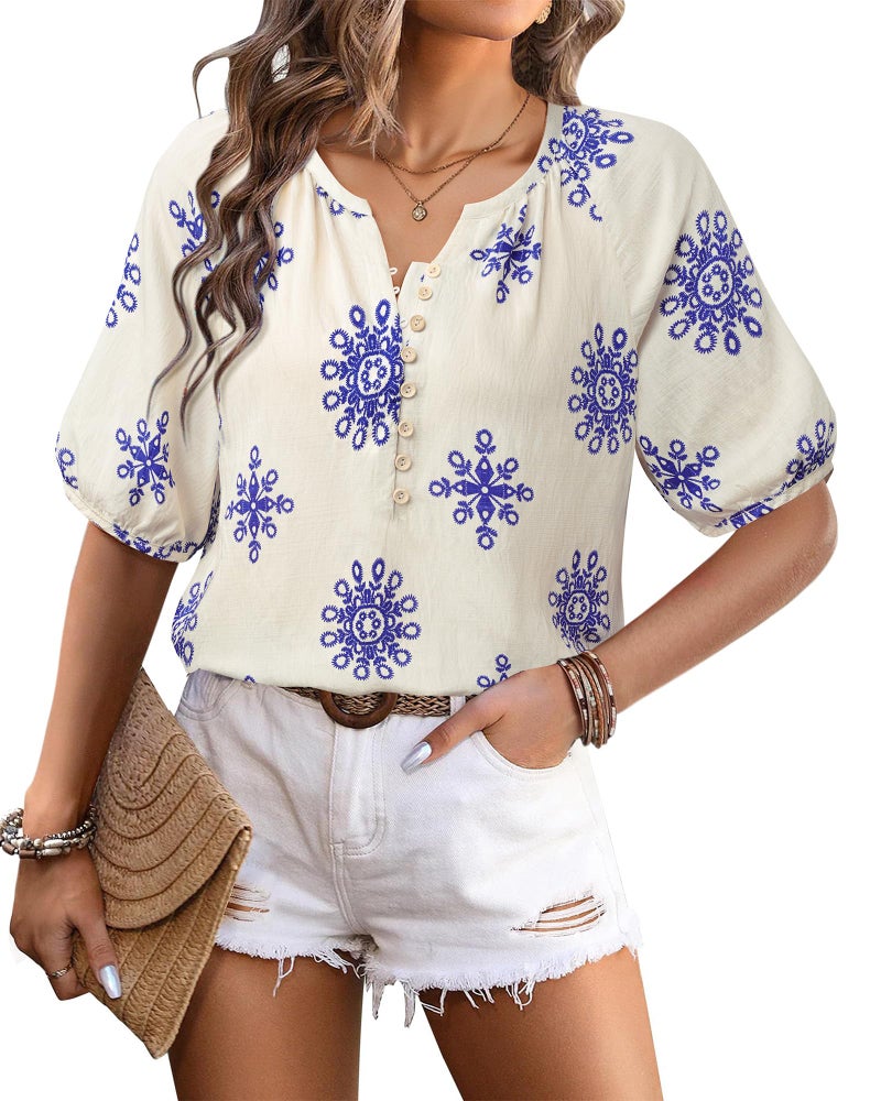Unixseque Women Blouses Dressy Casual: Short Sleeve Dressy Shirts Summer V Neck Paisley Print - Casual Tops for Women - Ladies Tops and Blouses Beach Wear Flowy Boho Peasant Blouse - Image 2