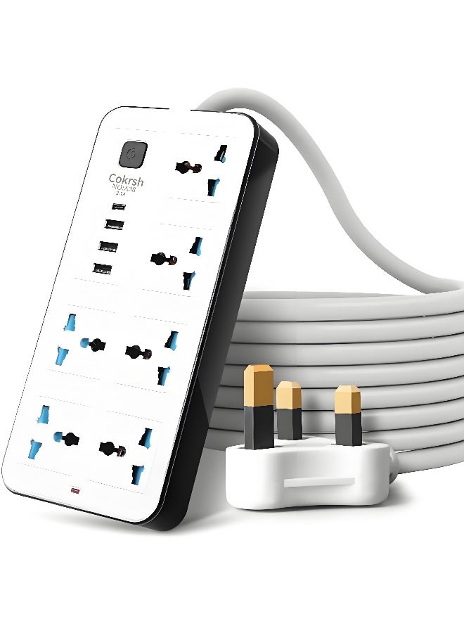 موزع طاقة مزود بواقي من زيادة التيار الكهربائي مع 6 مقابس كهربائية ومقبس USB C و3 منافذ USB، تمديد عالمي - أبيض، محطة شحن للمكتب المنزلي وغرفة النوم في السكن الجامعي، تمديد أساسيات (10 أمتار)  - Image 1