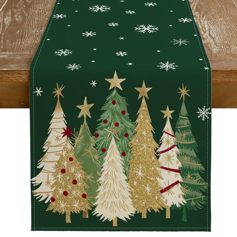GEEORY Christmas Table Runner 13x120 Inch Xmas Trees Snowflakes Holiday Decorative Farmhouse Table Decoration for Kitchen Dinning Indoor Outdoor Dinner Party Decor Green GT152120