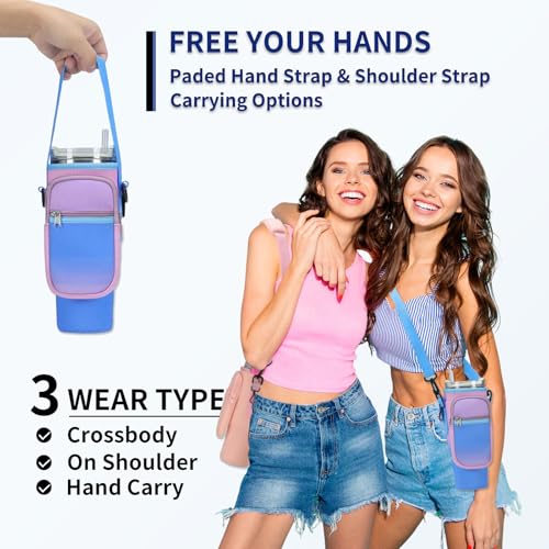 GOEWY Water Bottle Carrier Bag for Stanley 30 oz Tumbler with Phone Pocket Neoprene Water Bottle Holder with Shoulder & Handheld Strap Stanley Cup Accessories - Image 3