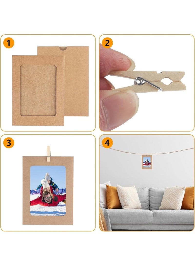 CMGTYYD 30 Pcs Cardboard Photo Frames, Paper Photo Frames, 4x6 Inch Cardboard Picture Frames, Hanging Paper Picture Frames with 30 Wooden Clips & 30 Hemp Ropes, for Home Wall Decor Display Hanging, Brown - Image 3