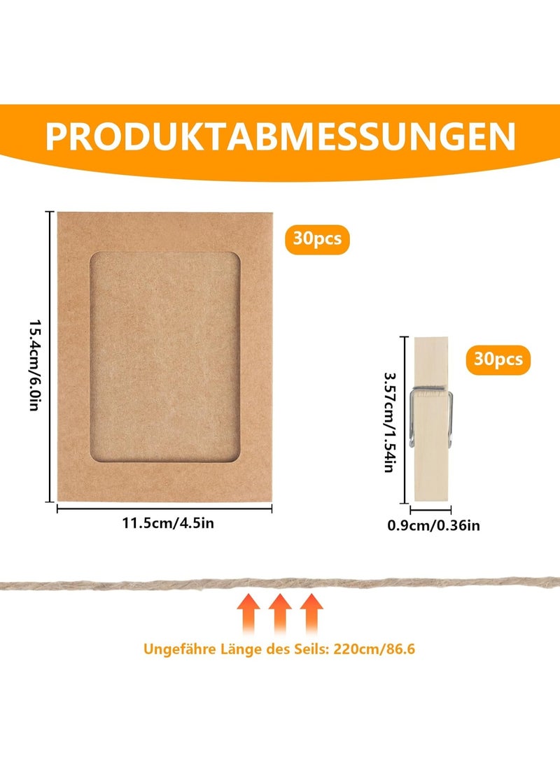 CMGTYYD 30 Pcs Cardboard Photo Frames, Paper Photo Frames, 4x6 Inch Cardboard Picture Frames, Hanging Paper Picture Frames with 30 Wooden Clips & 30 Hemp Ropes, for Home Wall Decor Display Hanging, Brown - Image 2