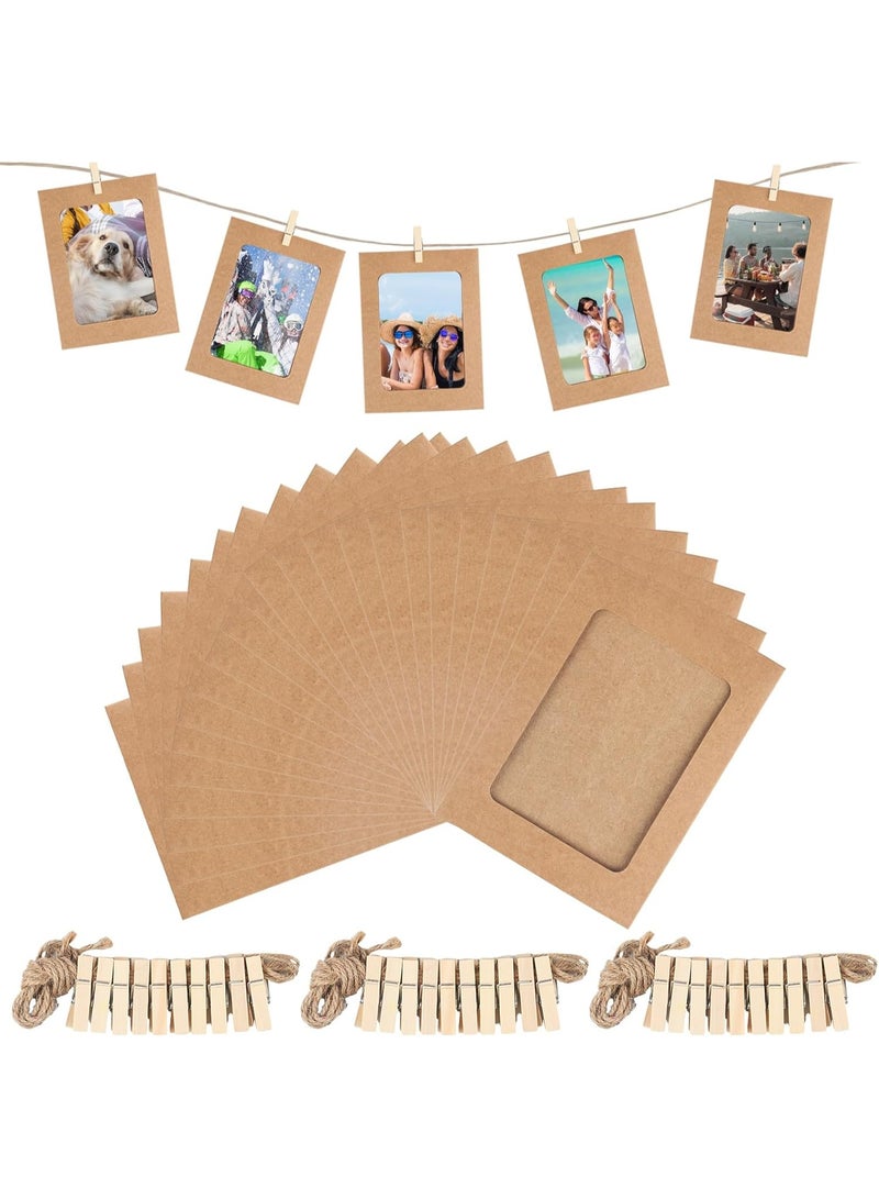 CMGTYYD 30 Pcs Cardboard Photo Frames, Paper Photo Frames, 4x6 Inch Cardboard Picture Frames, Hanging Paper Picture Frames with 30 Wooden Clips & 30 Hemp Ropes, for Home Wall Decor Display Hanging, Brown - Image 1