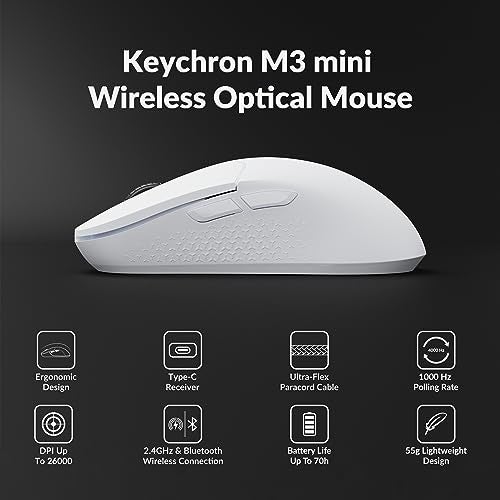Keychron M3 Mini Wireless Optical Mouse, Bluetooth 5.1/2.4 GHz/Wired Gaming Mouse, Programmable PixArt 3395 Sensor with up to 26,000 DPI/ 650 IPS, Lightweight Ergonomic for Windows Mac Linux - White - Image 5