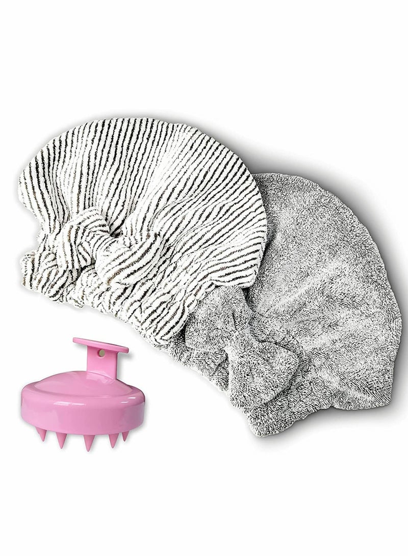 Excefore Microfiber Hair Towel Cap,Soft Absorbent Quick Drying Cap for Curly Thick Hair , with Hair Shampoo Brush Scalp Massager for Women Girls-Set of 3 Pcs - Image 1