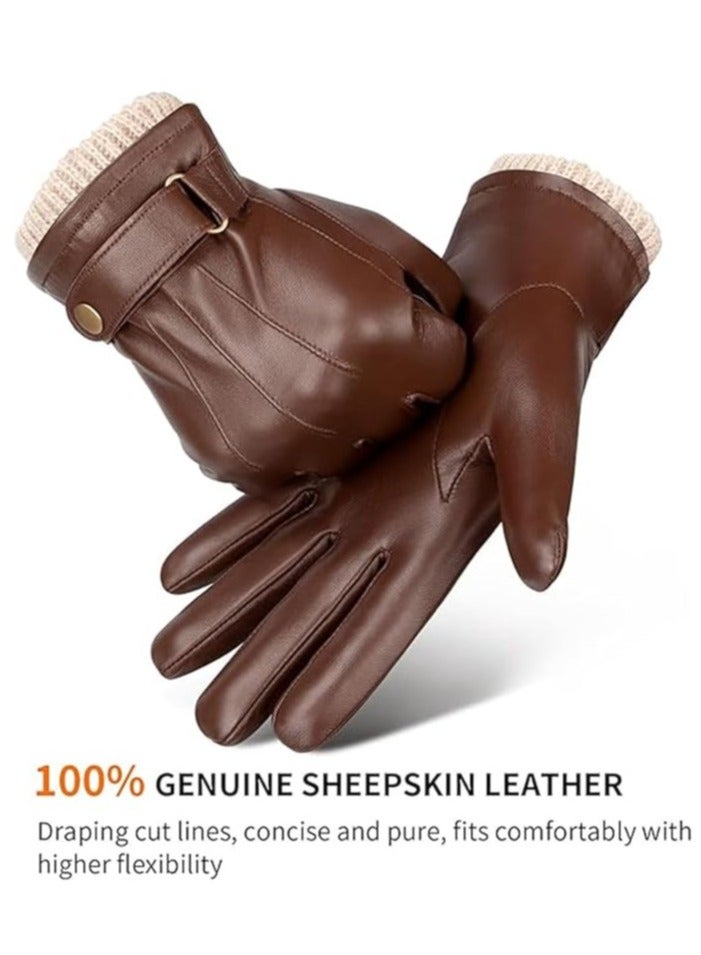 Excefore Men's Winter Warm Touchscreen Leather Gloves Adjustable Thermal Driving PU Leather Gloves (L)  - Image 4