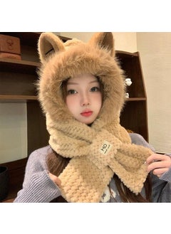 Generic Hat Womens Winter Cute Fox Ears Plush Scarf One-piece Warm Thickened Neck Cold-proof Two-piece Set White  - Image 4