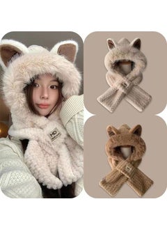 Generic Hat Womens Winter Cute Fox Ears Plush Scarf One-piece Warm Thickened Neck Cold-proof Two-piece Set White  - Image 3