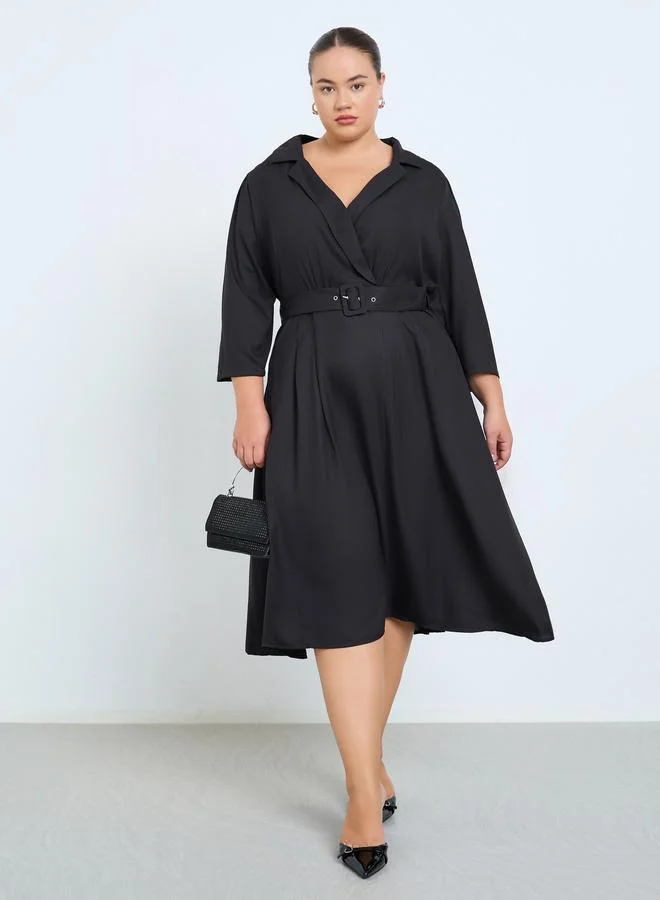 Styli Plus Size Belted A-Line Midi Dress
