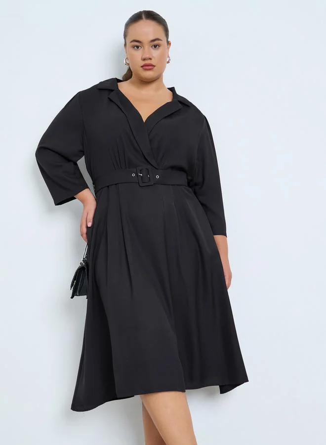 Styli Plus Size Belted A-Line Midi Dress
