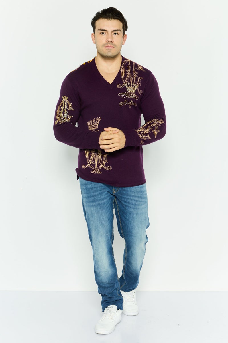 CHRISTIAN AUDIGIER Men V-Neck Embellished Sweater, Purple - Image 3