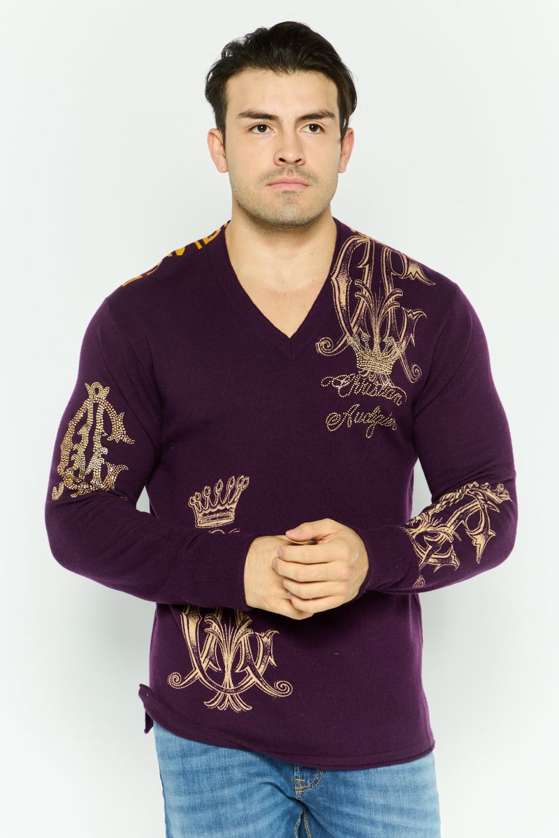 CHRISTIAN AUDIGIER Men V-Neck Embellished Sweater, Purple - Image 1