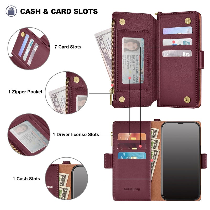 Antsturdy Compatible with iPhone 17 Pro Wallet Case Women,RFID Blocking PU Leather Phone Case Men Kickstand Flip Cover Wrist Strap Zipper Credit Card Holder Slots for Apple 17 Pro 6.3",Wine Red - Image 5