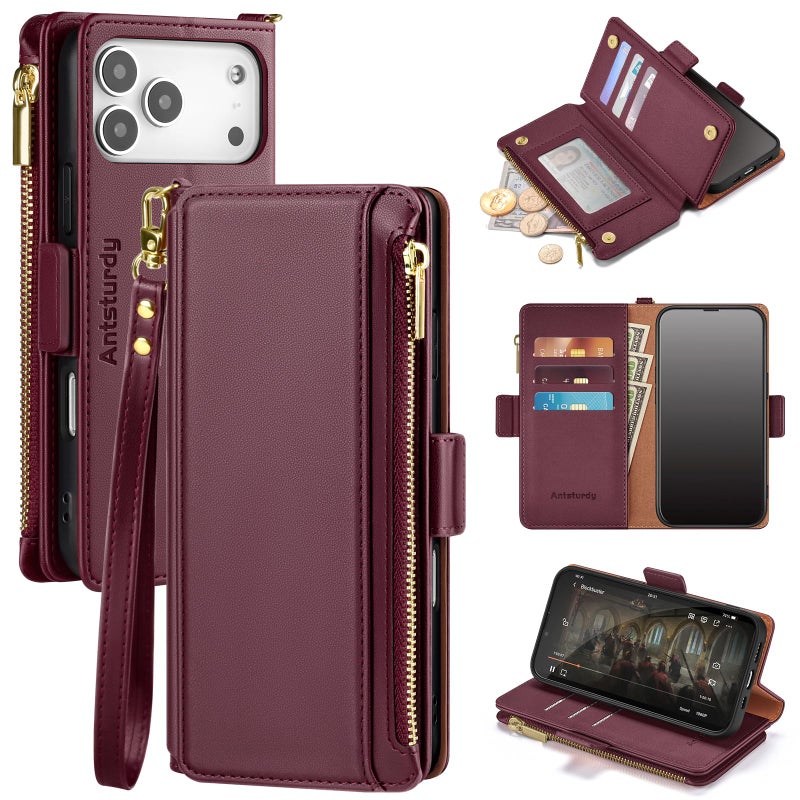 Antsturdy Compatible with iPhone 17 Pro Wallet Case Women,RFID Blocking PU Leather Phone Case Men Kickstand Flip Cover Wrist Strap Zipper Credit Card Holder Slots for Apple 17 Pro 6.3",Wine Red - Image 1