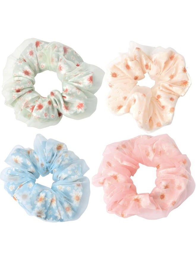 Guqqeuc Daisy Scrunchies Hair Elastics Ties for Women Girls Floral Hair Scrunchies with Daisy Flower Hair Rubber Bands Ponytail Holders for Thick Hair Styling Accessories 4 Pcs - Image 1