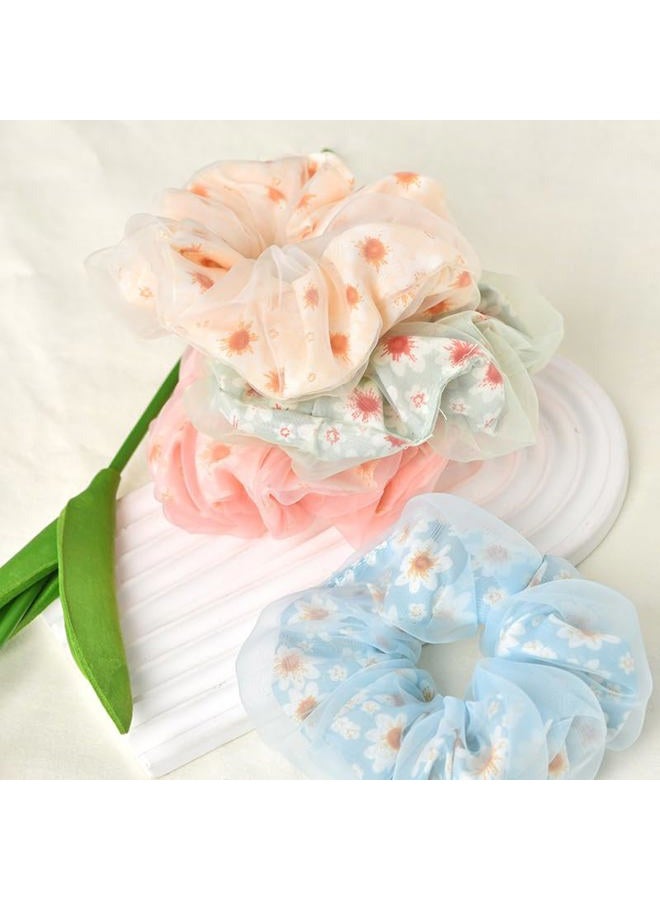 Guqqeuc Daisy Scrunchies Hair Elastics Ties for Women Girls Floral Hair Scrunchies with Daisy Flower Hair Rubber Bands Ponytail Holders for Thick Hair Styling Accessories 4 Pcs - Image 5
