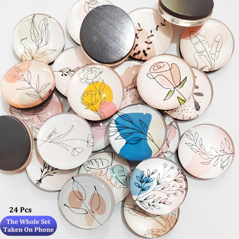 YayaCat 24 Pcs 1.2 in Round Glass Boho Refrigerator Magnets - Strong & Non Scratch for Fridge,Locker,Office & Kitchen Decor.Aesthetic Flower Plant Line Drawing Design,Irresistibly Cute - Image 3