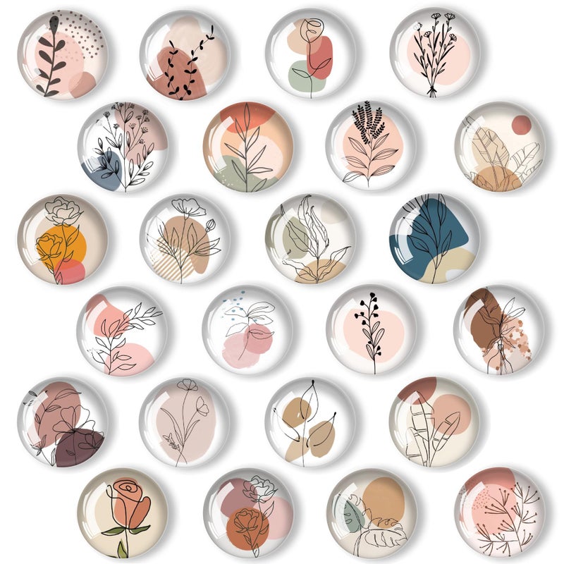 YayaCat 24 Pcs 1.2 in Round Glass Boho Refrigerator Magnets - Strong & Non Scratch for Fridge,Locker,Office & Kitchen Decor.Aesthetic Flower Plant Line Drawing Design,Irresistibly Cute - Image 1