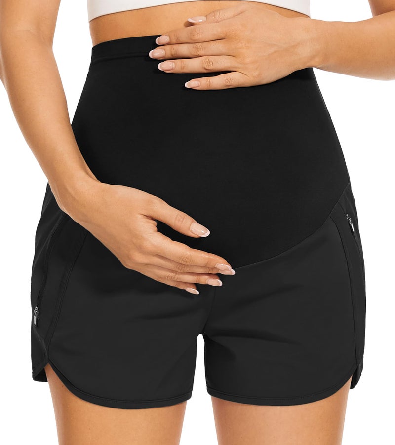 PACBREEZE Women's Maternity Shorts Over Belly Quick Dry Workout Athletic Running Shorts with Zipper Pockets (Black, Medium) - Image 1