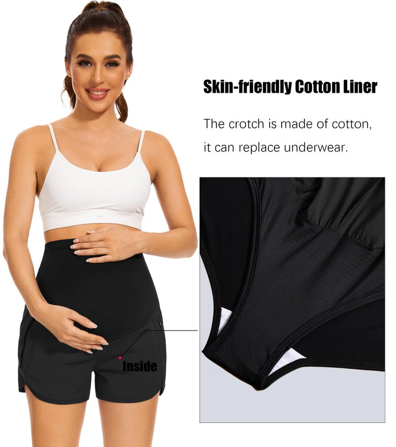 PACBREEZE Women's Maternity Shorts Over Belly Quick Dry Workout Athletic Running Shorts with Zipper Pockets (Black, Medium) - Image 4