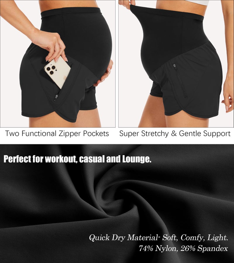 PACBREEZE Women's Maternity Shorts Over Belly Quick Dry Workout Athletic Running Shorts with Zipper Pockets (Black, Medium) - Image 5