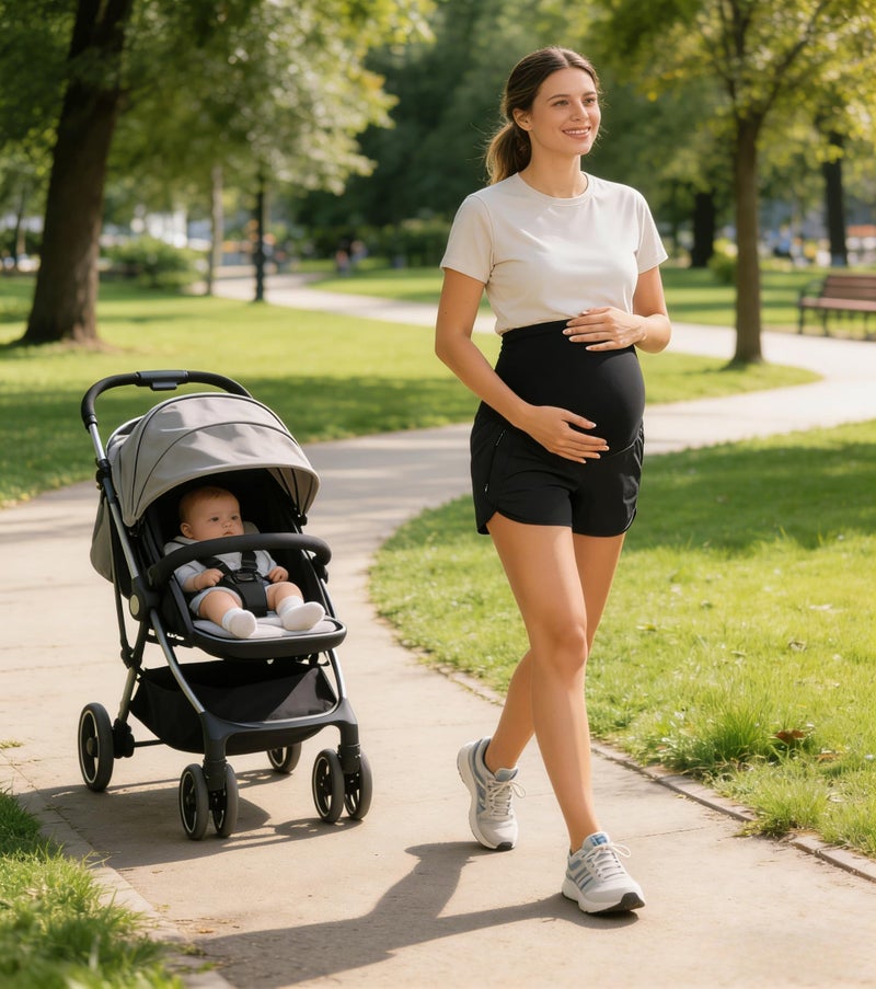 PACBREEZE Women's Maternity Shorts Over Belly Quick Dry Workout Athletic Running Shorts with Zipper Pockets (Black, Medium) - Image 2