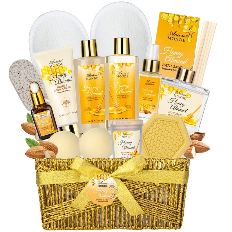 ArioseMonde Bath & Body Gift Set, Luxury Home Spa Bath Gift Basket, Honey Almond Scented Bath Set, Pamper Gifts for Women & Teens, 15 Pcs Relaxing Home Spa Kit with Bubble Bath, Bath Salts, Body Lotion - Image 1