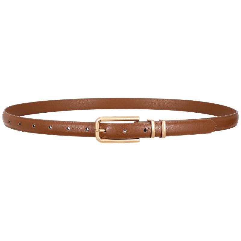 VONMELLI Women Skinny Leather Belt Thin Waist Brown Belt for Women Jeans Dress Fashion Ladies Belt with Gold Buckle, S - Image 1