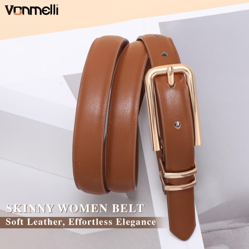 VONMELLI Women Skinny Leather Belt Thin Waist Brown Belt for Women Jeans Dress Fashion Ladies Belt with Gold Buckle, S - Image 2