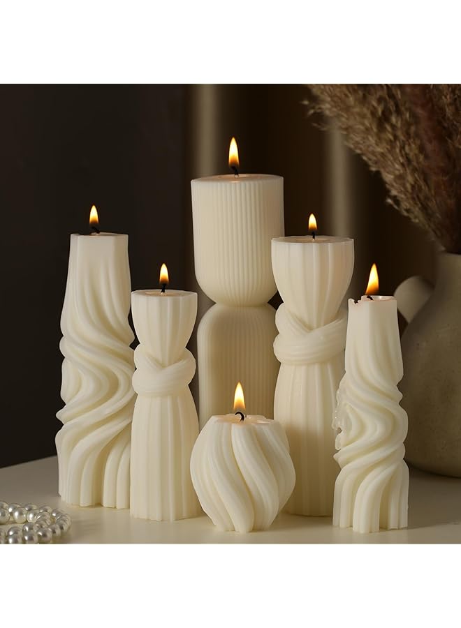 The Bros 6 Pcs Small Pillar Candles Aesthetic Candle Modern Ribbed Candles Set Cute Soy Wax Scented Ribbed Candle Twirl Geometric Decorative Candles for Home Decor for Living Room Bathroom(White) - Image 1