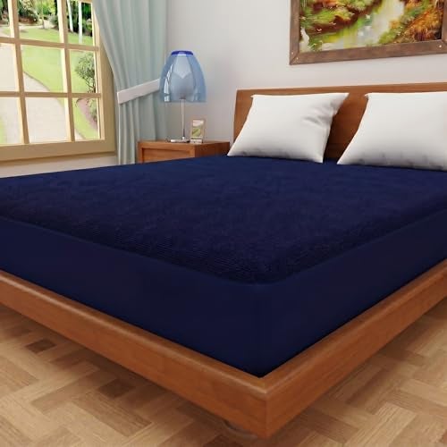Lithara Terry Cotton Fitted Mattress Protector for Single Bed | Waterproof & Elastic Band | Ultra Soft & Hypoallergenic Mattress Cover | Size : 75 x 36 Inches (6.25 x 3 Feet) | (Navy Blue) - Image 1