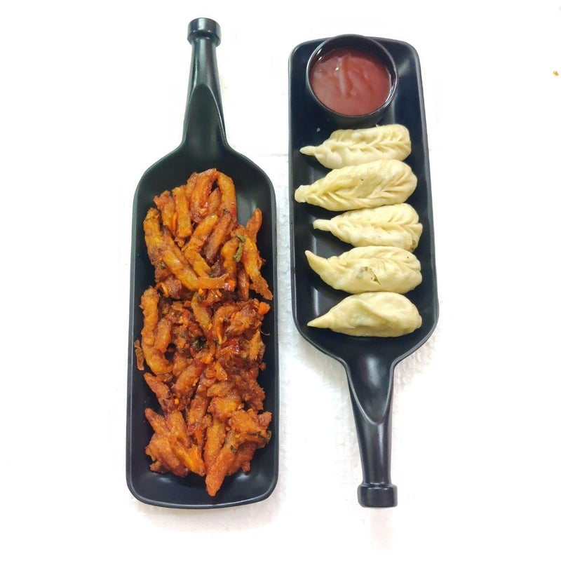 VRCT 2 Melamine Serving Bat Platter + 2 Dip Bowl for French Fries, Momos, Rolls Dessert and Snacks Serving/Tray, Fruit Platter Tray for Parties (Matt Black, Pack of 4) - Image 3