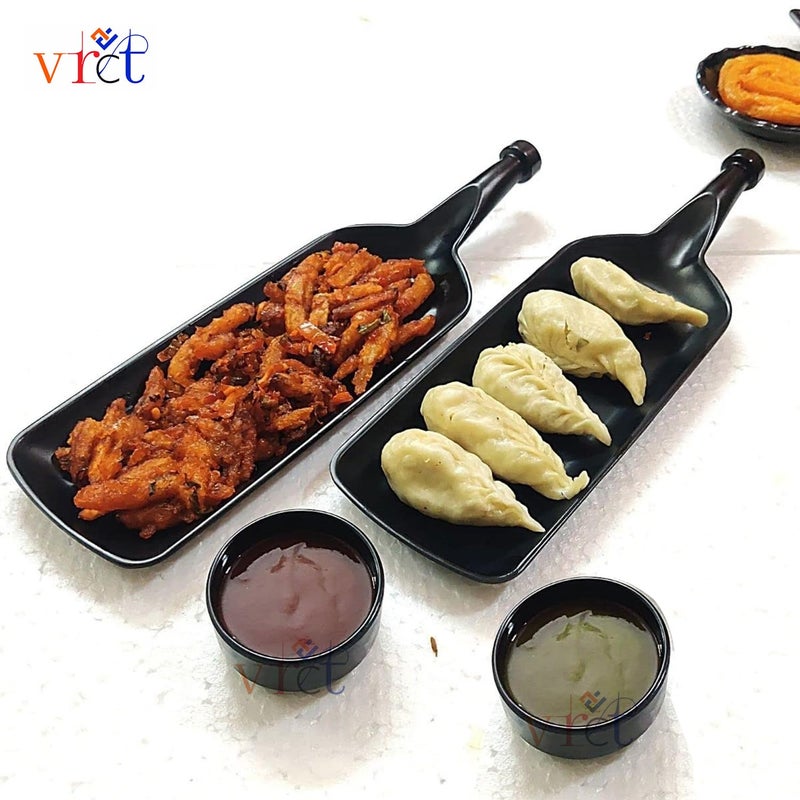 VRCT 2 Melamine Serving Bat Platter + 2 Dip Bowl for French Fries, Momos, Rolls Dessert and Snacks Serving/Tray, Fruit Platter Tray for Parties (Matt Black, Pack of 4) - Image 2