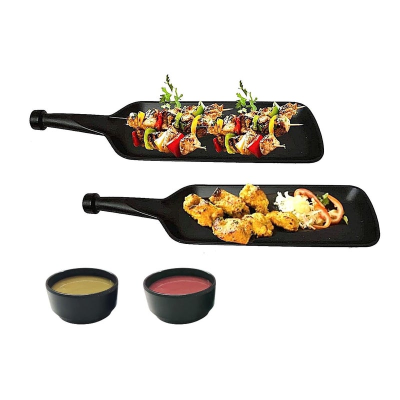 VRCT 2 Melamine Serving Bat Platter + 2 Dip Bowl for French Fries, Momos, Rolls Dessert and Snacks Serving/Tray, Fruit Platter Tray for Parties (Matt Black, Pack of 4) - Image 1