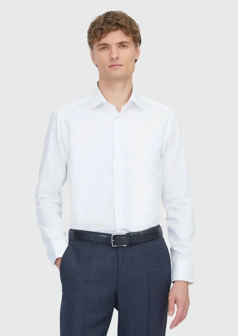 RAMSEY White Plain Slim Fit Weaving Classical 100% Cotton Shirt