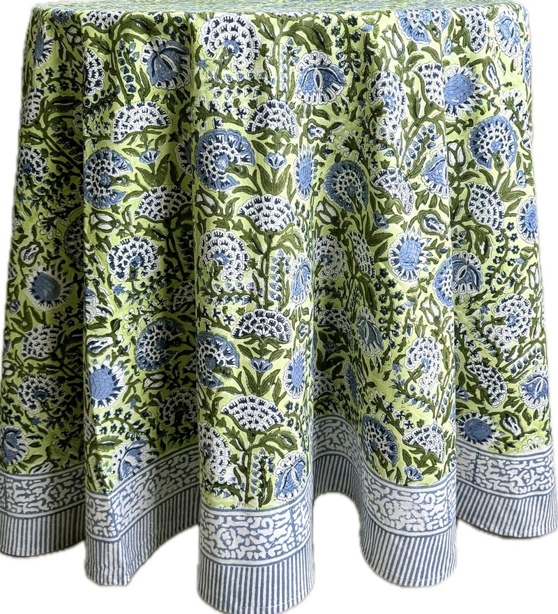 ATOSII Amara 100 Cotton Round Summer Tablecloth Handblock Print Floral Table Cloth for Kitchen Dining Linen I Parties Weddings Outdoors I Grand Millennial Farmhouse Home Decor 90 Inches Round - Image 1