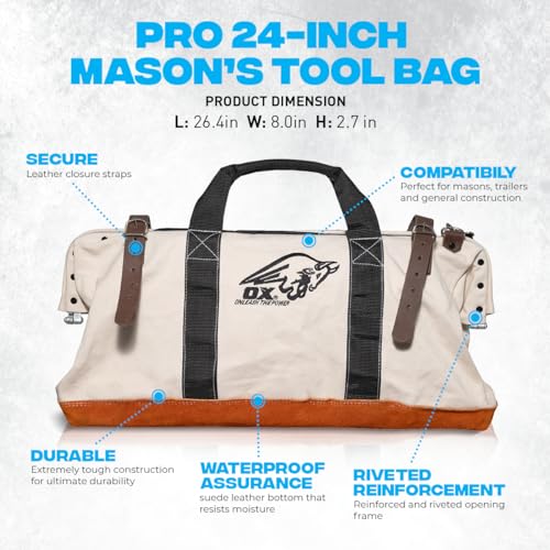 OX Tools 24 Inch Canvas Mason Tool Bag Canvas Utility Bag Reinforced and Riveted opening frame Nylon Strap Handles Suede Leather Bottom OX-P262924 - Image 4