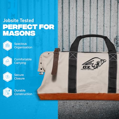 OX Tools 24 Inch Canvas Mason Tool Bag Canvas Utility Bag Reinforced and Riveted opening frame Nylon Strap Handles Suede Leather Bottom OX-P262924 - Image 3