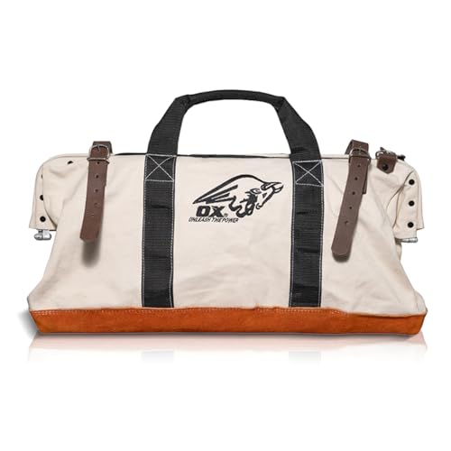 OX Tools 24 Inch Canvas Mason Tool Bag Canvas Utility Bag Reinforced and Riveted opening frame Nylon Strap Handles Suede Leather Bottom OX-P262924 - Image 1