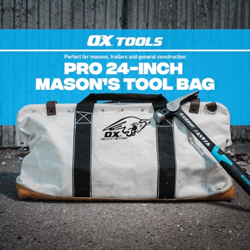 OX Tools 24 Inch Canvas Mason Tool Bag Canvas Utility Bag Reinforced and Riveted opening frame Nylon Strap Handles Suede Leather Bottom OX-P262924 - Image 2