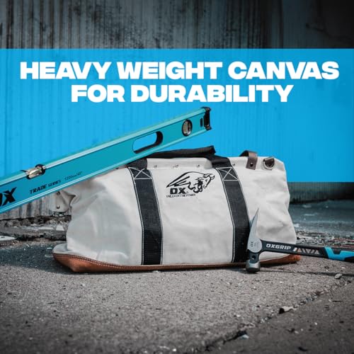 OX Tools 24 Inch Canvas Mason Tool Bag Canvas Utility Bag Reinforced and Riveted opening frame Nylon Strap Handles Suede Leather Bottom OX-P262924 - Image 5