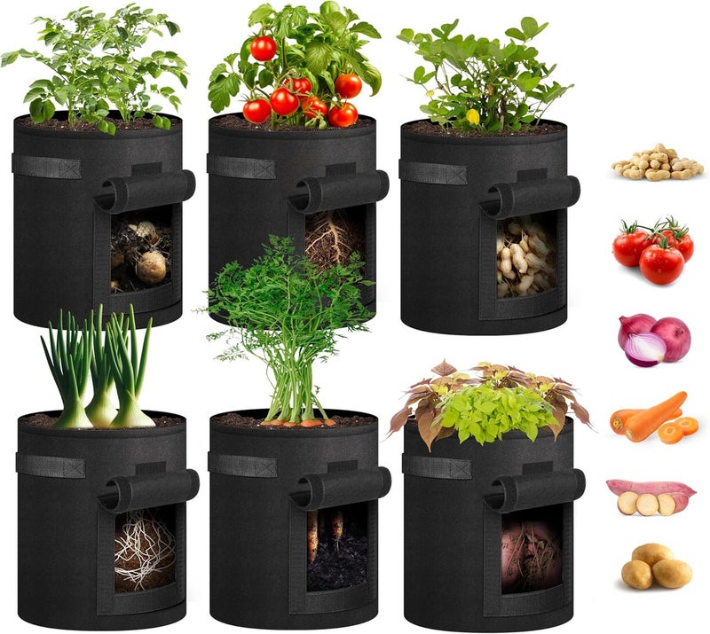iPower Potato Grow Bags with Flap 7 Gallon 6 Pack Garden Planting Pot with Durable Handle and Harvest Window Thickened Nonwoven Fabric Container for Potato Tomato Carrot Vegetable and Fruits