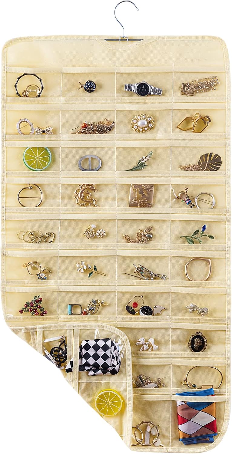 Bloss Hanging Jewelry Organizer 80 Pockets Hanging Double-Side Jewel Hanger For Jewelry Earring Storage, Jewelry Organizers and Storage for Wall, Door, Travel-Beige - Image 1