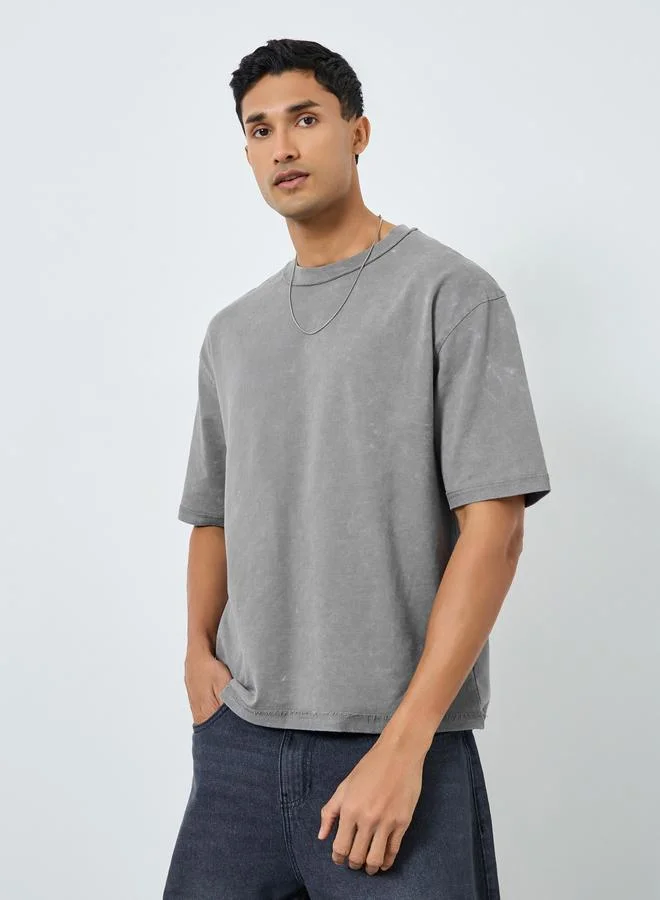 Men Oversized Washed Frayed Hem Rib Terry T-Shirt