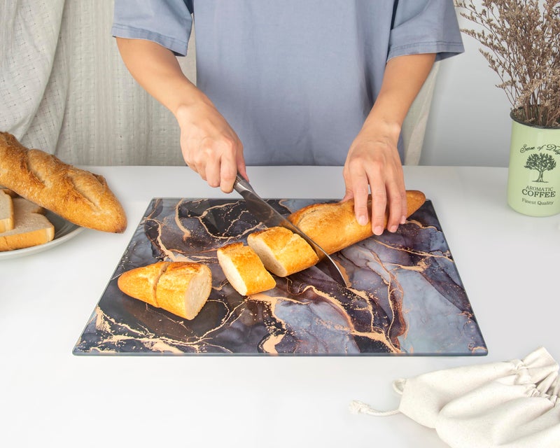 Kitchenville Glass Cutting Board 16"x12": Tempered Glass Kitchen Counter Protector - Durable- Scratch-Resistant, Heat-Proof - Design 8 - Grey & Gold - Image 3