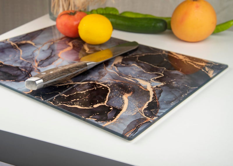 Kitchenville Glass Cutting Board 16"x12": Tempered Glass Kitchen Counter Protector - Durable- Scratch-Resistant, Heat-Proof - Design 8 - Grey & Gold - Image 5
